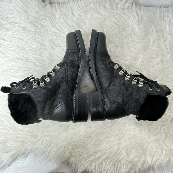Frye Women’s Samantha Black Leather Canvas Shearling Combat Hiking Boots Size 8 - Picture 10 of 15